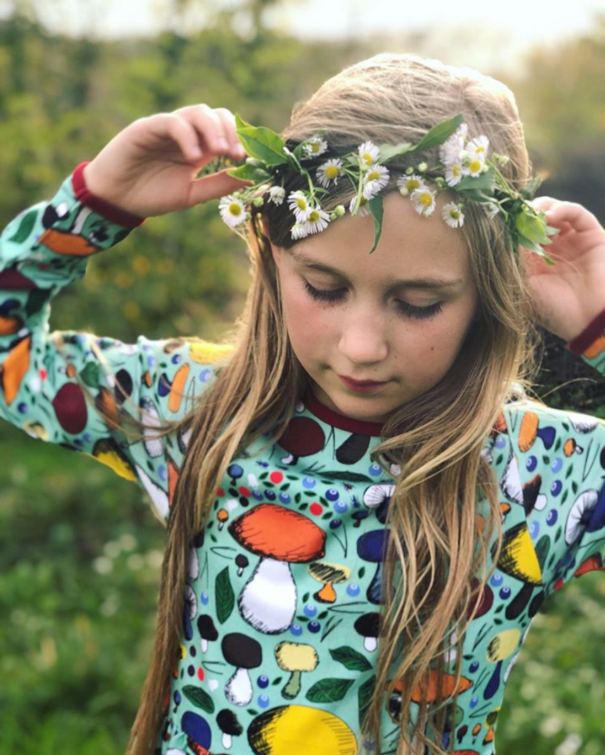 Duns Sweden - Longsleeve Gather Dress Mushroom Forest Jade - Mushroom Swing Dress